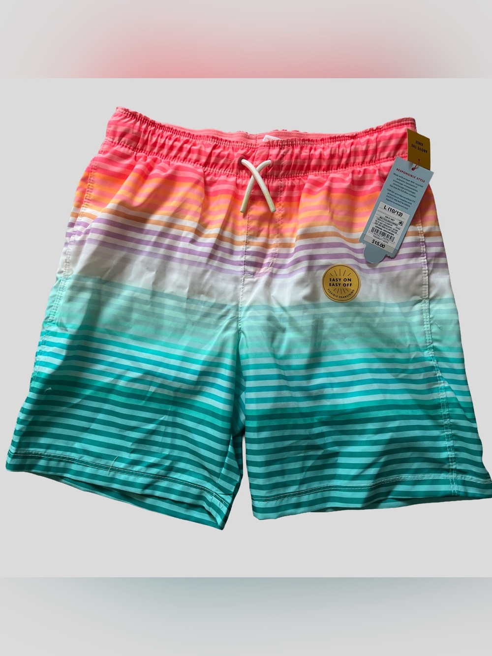 Cat & Jack Boys NWT Bright Stripe Swim Trunks  Size L (10/12) Coral Teal